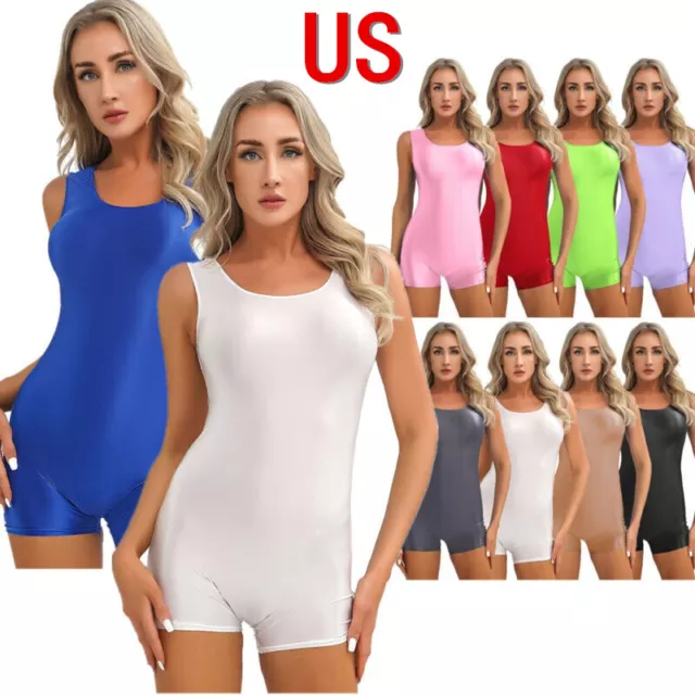 US Womens Glossy Short Jumpsuit Bodysuits High Elastic Leotard Unitard Sportwear