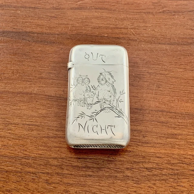 Humorous Whiting Sterling Silver Match Safe Case " Night Out " Chased Owl Scene