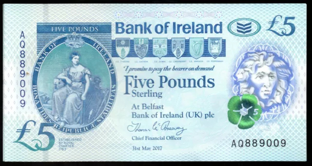 2017 Bank of Ireland Belfast £5 five pound banknotes new polymer issue  UNC
