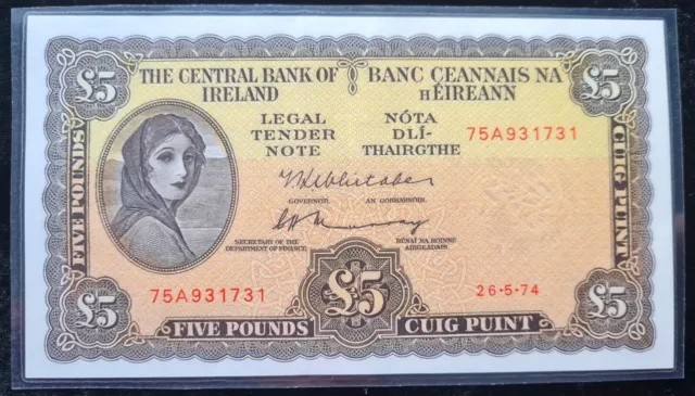 Ireland £5 pound Lady Lavery 1974 Unc Laminated Banknote