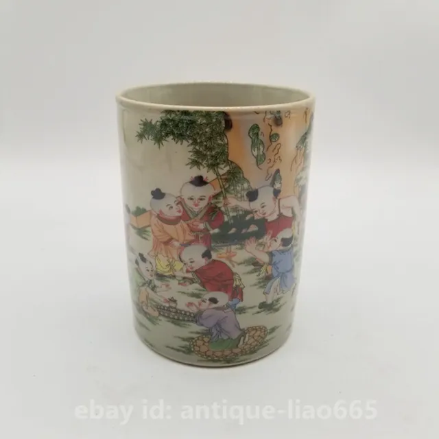 5.3" Chinese Famille-rose Porcelain Children Boy Round Brush Pot Pencil Vase 婴戏图