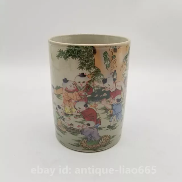 5.3" Chinese Famille-rose Porcelain Children Boy Round Brush Pot Pencil Vase 婴戏图