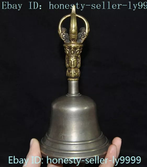 6" Ancient China Buddhism temple bronze Tara head statue Bell Chung chimes clock