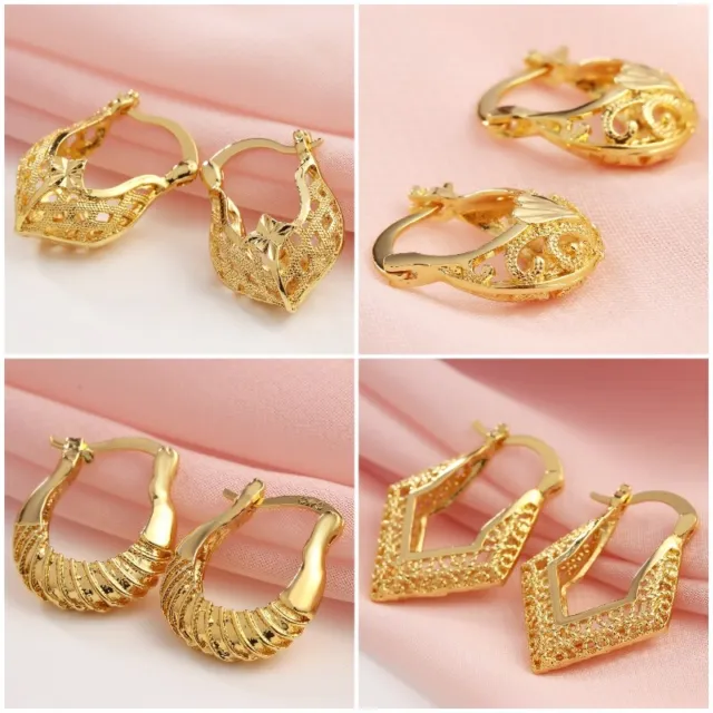 Yellow Gold Plated Women Hollow Stud Hoop Drop Earrings Wedding Party Jewelry 3