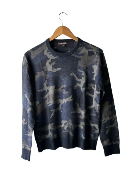 Michael Kors Size M Blue Camo Print Boxy Wool Crew Neck Sweater