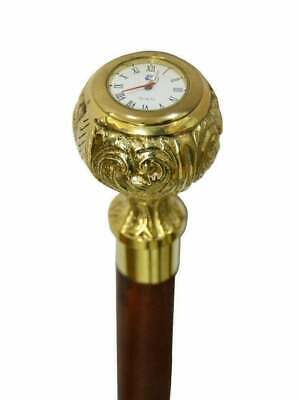 Vintage Style Solid Brass Clock on Head Handle Wooden Walking Stick Cane Gift