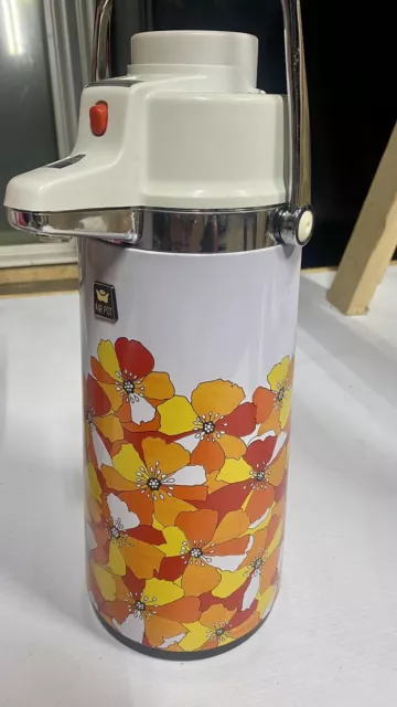 Vintage 1970s Retro Floral Patterned Pump Thermos by Everest