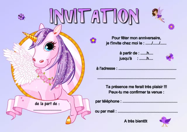 5 - 12 ou 14 cartes invitation anniversaire licorne réf 461 EUR 3