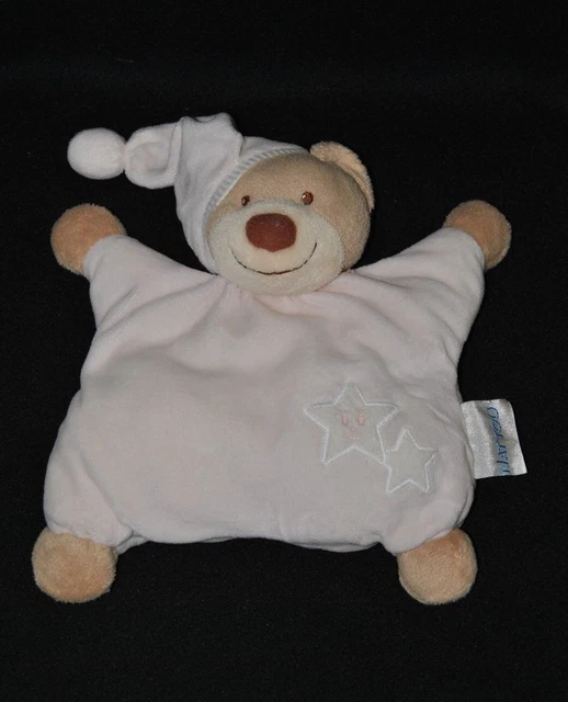 Peluche doudou ours rose NATTOU étoiles semi plat grelot bonnet TTBE