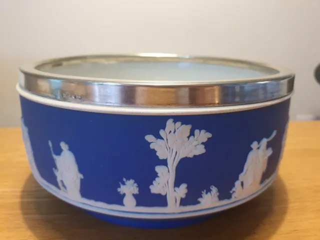 Wedgwood Blue And White Jasper Ware Large Fruit Bowl w/Hallmarked Silver Rim