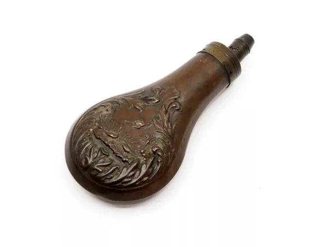 Antique 19th Century Copper & Brass Hunting Powder Flask - Repousse Game Bird 3