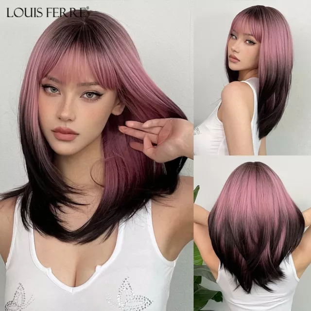 Black Pink Ombre Synthetic Wigs Long Straight Layered Wigs with Bangs for Women