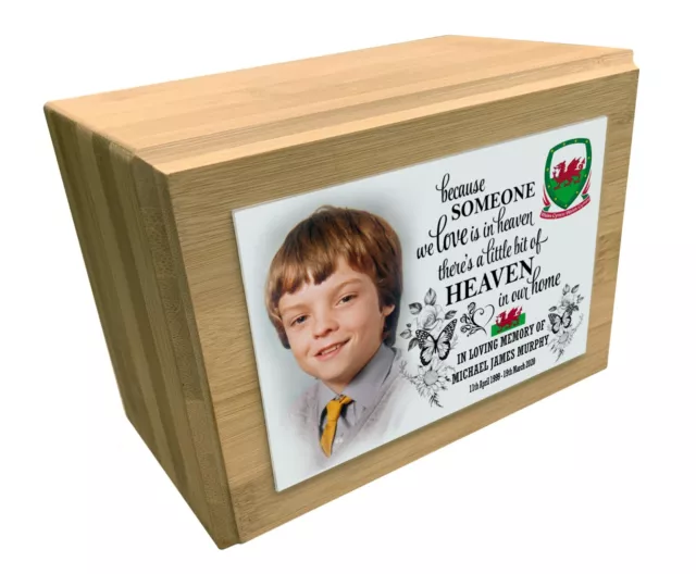 Wooden urn with photo plaque, Personalised urn for ashes, Luxury bamboo urn.