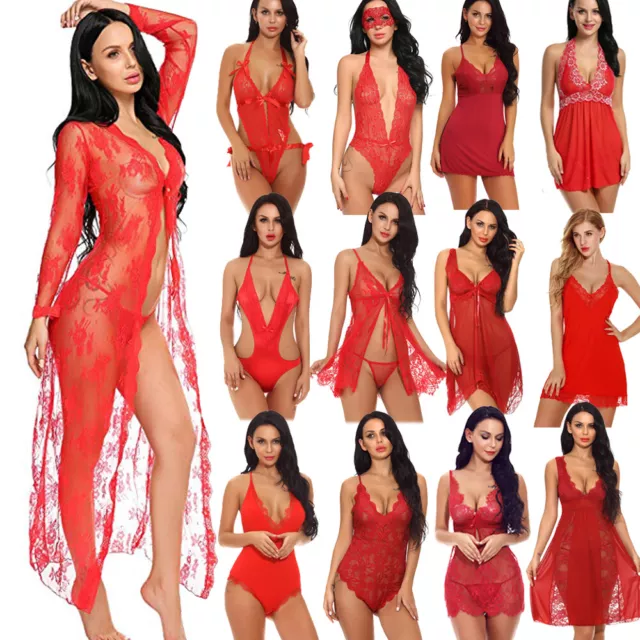 Valentine's Underwear Women Sexy Lingerie Set Red Babydoll Lace Dress Sleepwear