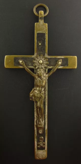 Vintage Small Cross Crucifix Religious Holy Catholic Metal with wood inlay