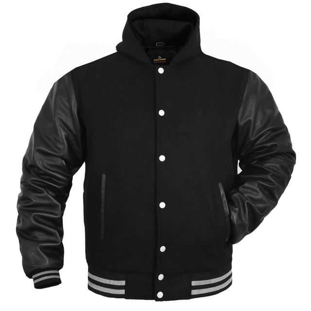MENS LETTERMAN JACKET with Hood Wool + Leather Varsity Baseball Jackets