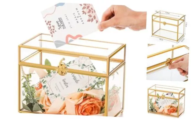 Glass Wedding Card Box with Lock and Slot, Gold Rim Envelop Box Gift Holder,