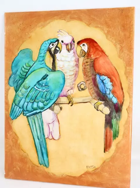 Ceramic Tile of Parrots Signed by Artist Nettie 12 x 9" Mexico