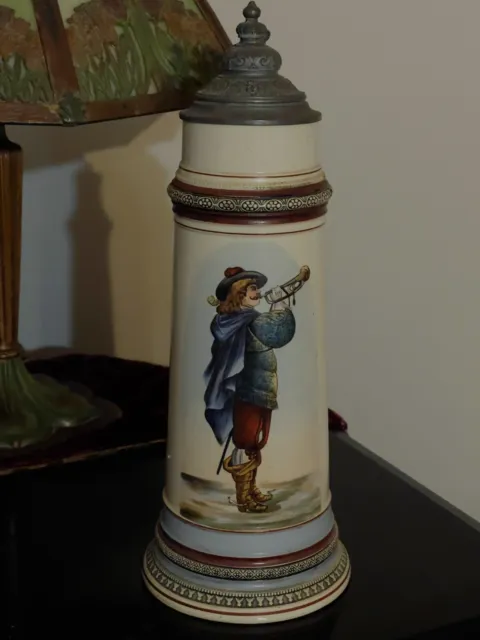 Reinhold Hanke German #1183 2L Lidded Stein 5 3/4” D 16" Tall Germany Musketeer