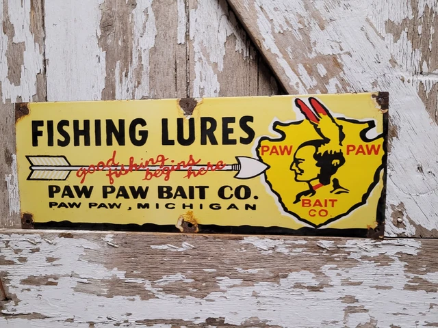 Vintage Paw Paw Bait Co Porcelain Sign Fishing Lures Gas Oil Service Michigan
