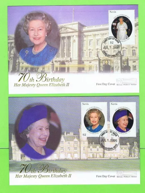 Nevis 1996 QEII 70th Birthday set on two Mercury First Day Covers Charlestown