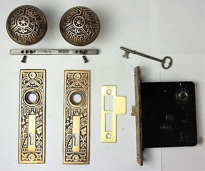 Antique Set EASTLAKE VICTORIAN AESTHETIC Backplates Door Knob Mortise Lock w Key