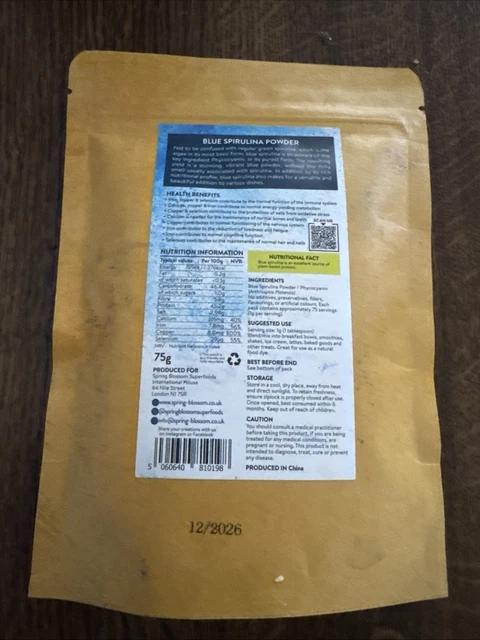 SPRING BLOSSOM SBS0010 Pure Blue Spirulina Powder 75g - brand new BBE ...