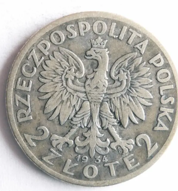 1934 POLAND 2 ZLOTE - RARE TYPE  - Excellent Silver Coin - Lot #M8