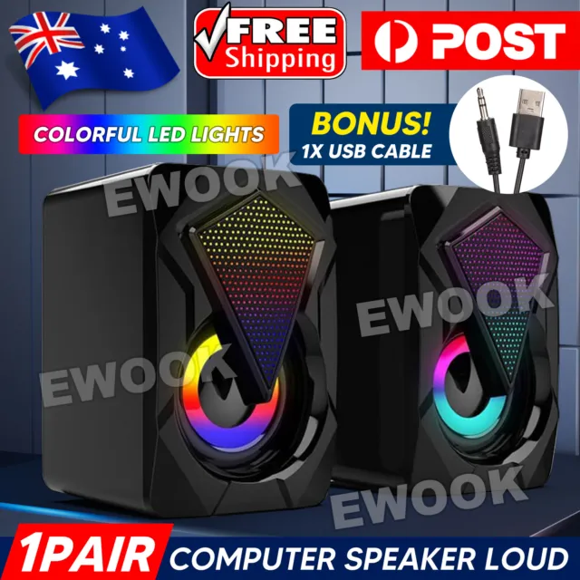 2x Computer Speaker Loud Sound with LED RGB Light for PC Laptop Stereo Desktop