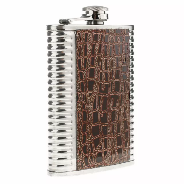 8oz Stainless Steel Leather Emboss Liquor Hip Flask Screw   Brown