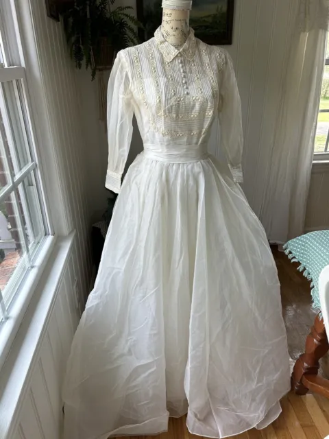 Vtg 50s Wedding Dress Lace Tulle Fit & Flare S Women's Cream “ Belle Bride” Tag