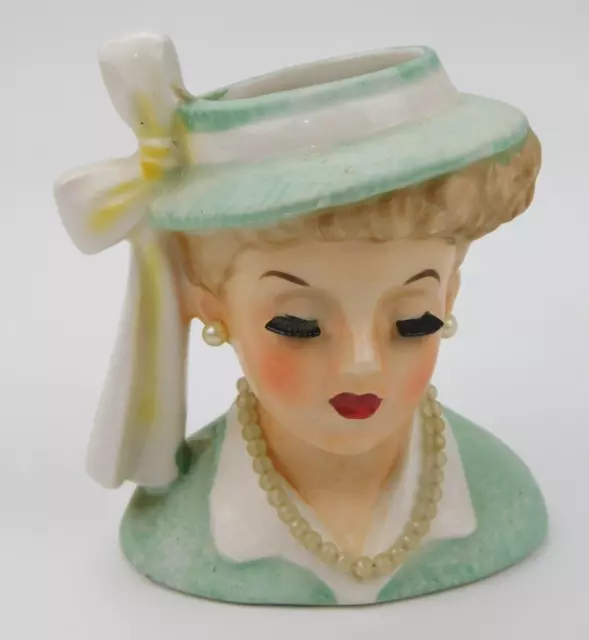 Lady Head Vase Vintage Mint Green Napco 1958 C3342A Pearls Flower 4.5" Tall