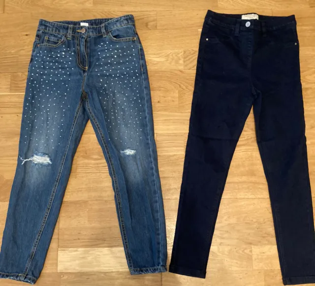 Next Girls Jeans Bundle Jeggings Ripped Age 10 Years Blue Jewelled Embellished