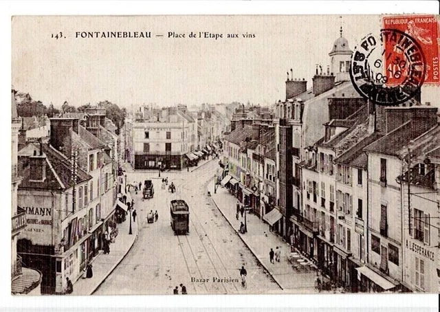 CPA 77 Approx. Melun FONTAINEBLEAU Place de l'Etape aux Vins Tramway Shops 1909