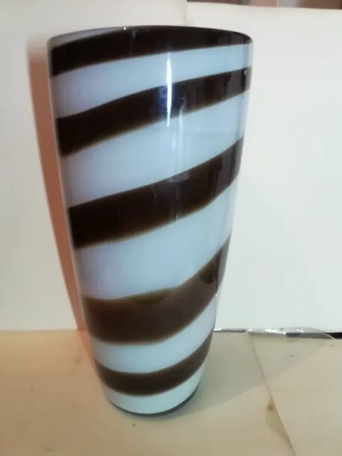 Vintage Murano Style White Cased Glass Brown Stripped Vase,( 12 Inches Tall)