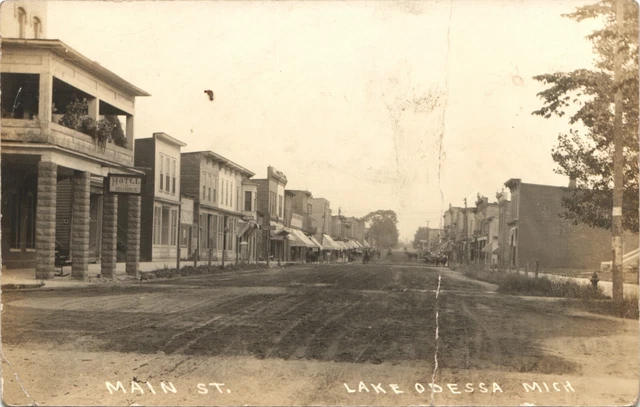 MAIN STREET VIEW antique real photo postcard rppc LAKE ODESSA MICHIGAN MI c1910