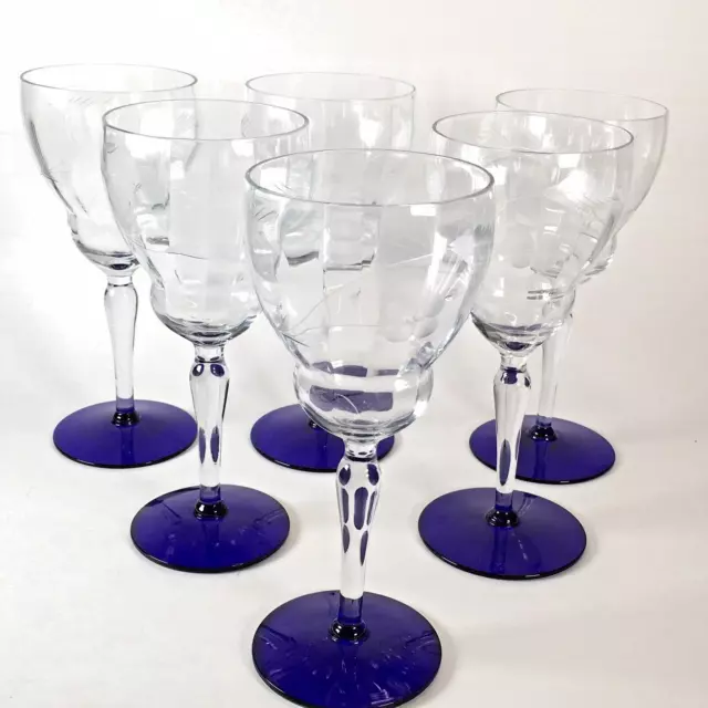 Set of Six Etched Bowl Cobalt Blue Tall Stem Wine Water Glass Goblets 7.75"Tall