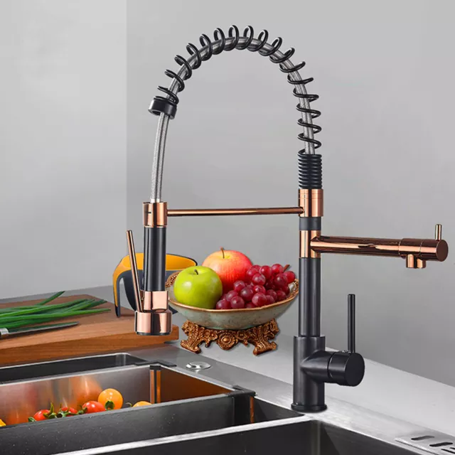 Kitchen Sink Faucet 360° Swivel Pull Out Sprayer Single Hole Mixer Tap Rose Gold