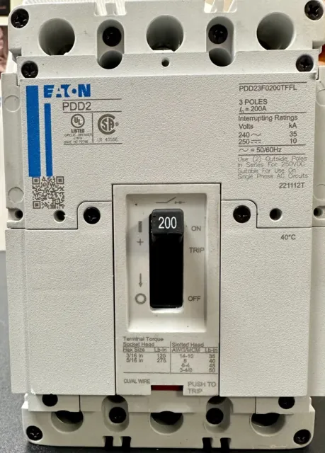 EATON PDD2 PDD23F0200TFFL 200 Amp 3 Pole 240V Circuit Breaker FREE SHIPPING