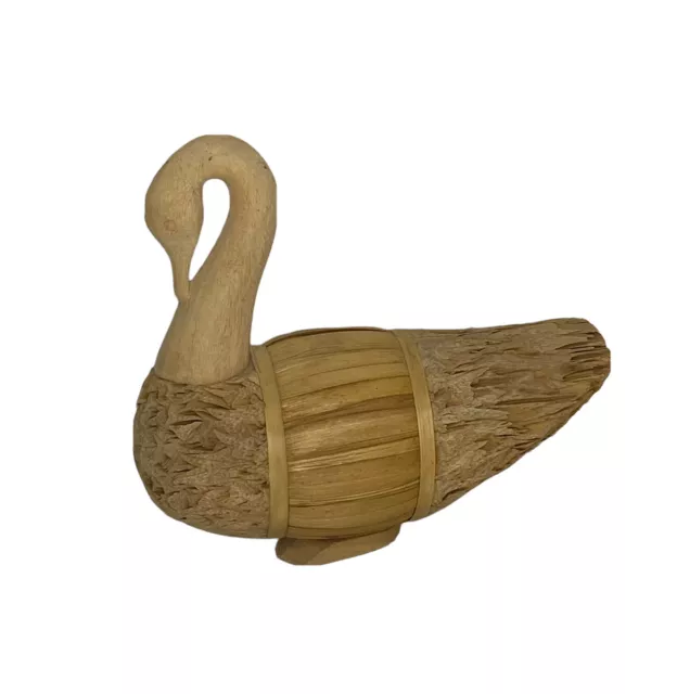 Swan Duck Decoy Corn Husk Hand Carved Wooden Head Vintage Decor