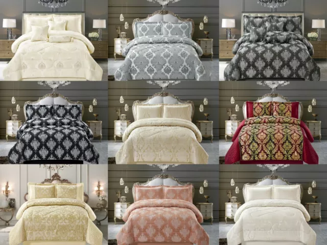 Luxury 3 Piece Quilted Jacquard Comforter Bedspread Throw Bedding Set Curtains