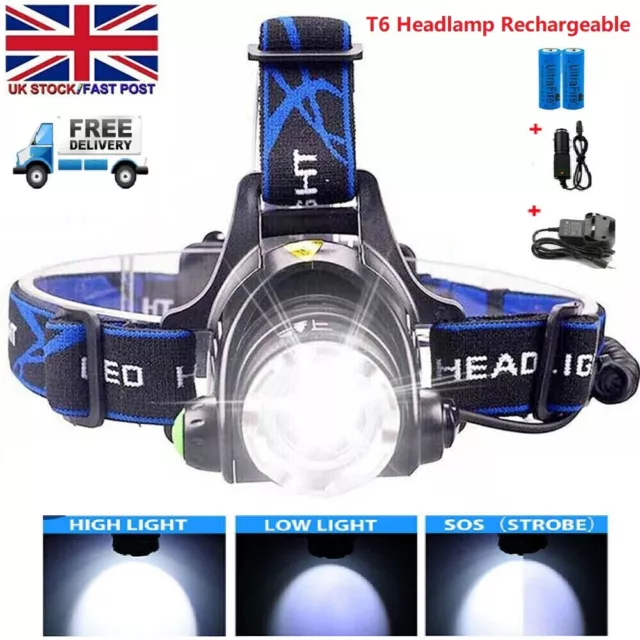T6 LED Headlamp Rechargeable 350000LM Zoom Headlight Fishing Headtorch USB Line