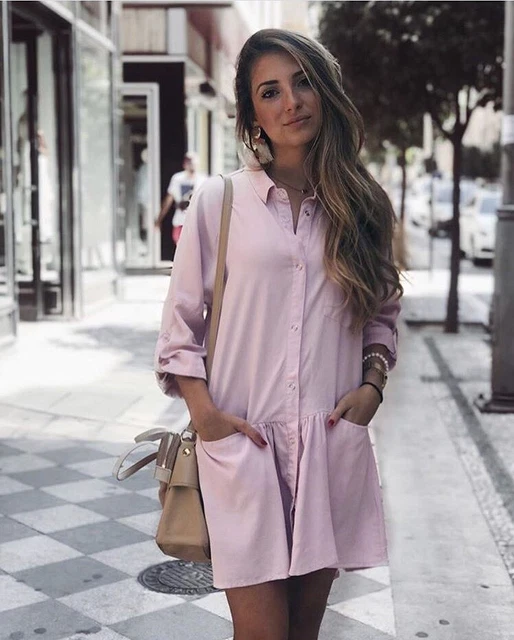 NEW ZARA PASTEL Pink Shirt Dress with Frills Asymmetric Size XS