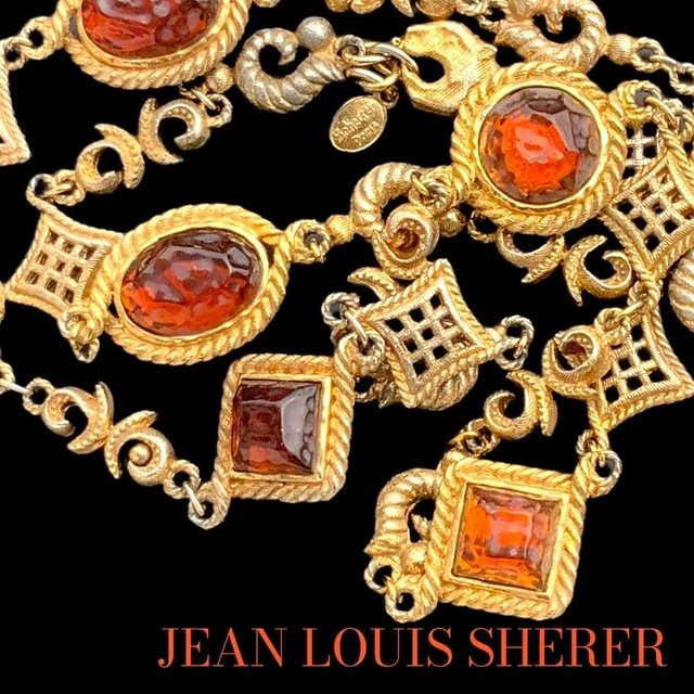 Collier Vintage Jean-Louis Scherer Sautoir En Résine Et Métal Doré - Style Bohème Orange Et Marron