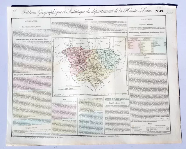 Dépt 43 - Rare Carte Géographique & Statistique de Haute Loire Aquarellée 1826