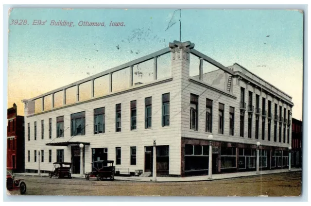 1911 Exterior View Elks Building Classic Cars Ottumwa Iowa IA Vintage Postcard