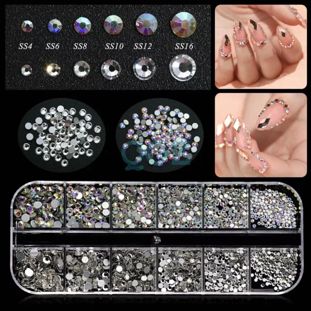 Crystal Nail Art Flat Back Box Decor Nails Rhinestones Diamond Beads 12 Grids AU