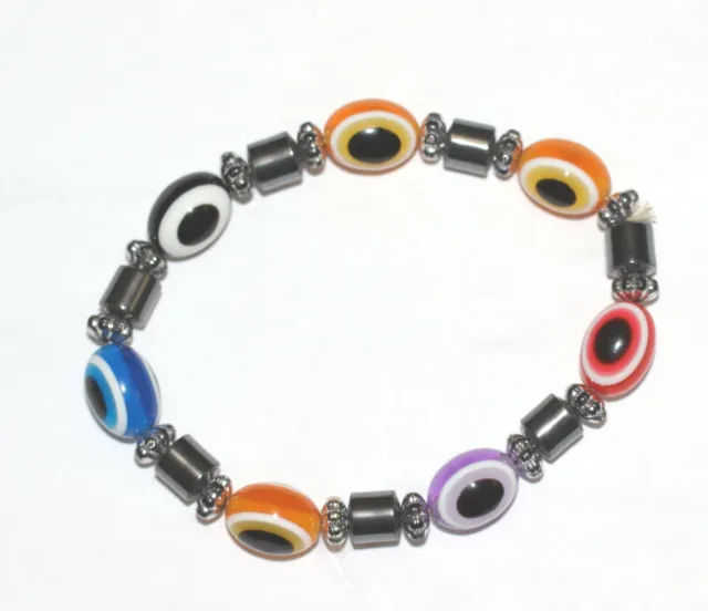 ❤ Silver Tone Turkish hematite crystal bead Evil Eye protection Stretch Bracelet