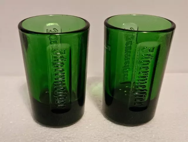 SET OF 2 JAGERMEISTER GREEN GLASS SHOT GLASSES EMBOSSED LOGO Brand Jager