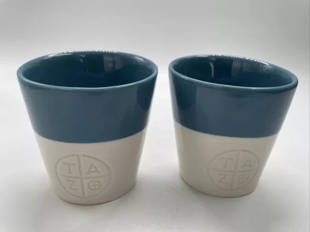 2 STARBUCKS 2011 TAZO Tea Cup No Handle Mug White Slant & Blue Bone China EUC